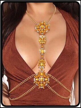 Boho Rhinestone Crystal Statement Chest Chain Body Necklace Summer Beach Jewelry